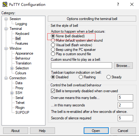 putty 如何关闭提示声音